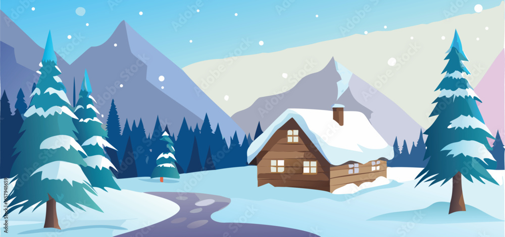 Fototapeta premium Snow-covered winter landscape featuring a cozy house surrounded by bare trees.