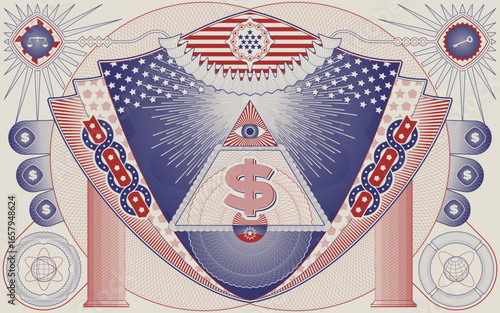 Guilloche-style abstract vector illustration with a geometric design, featuring dollar sign symbols and American heraldry. Perfect for concepts of financial power, economy, and investment, with an eso