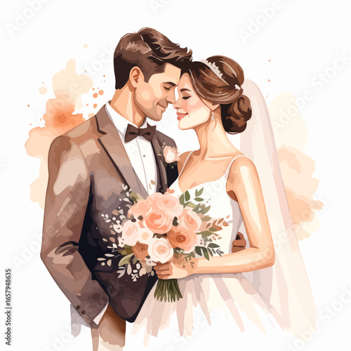 Watercolor Illustration of a Newlywed Couple Embracing Tenderly