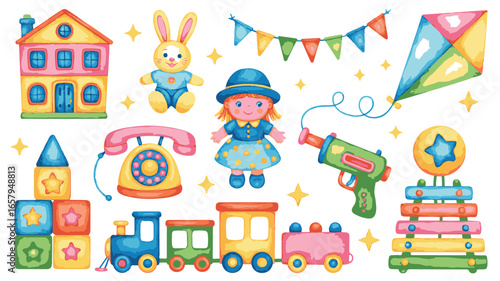Diverse assortment of colorful children's toys and decorative elements in a playful arrangement