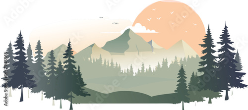 Vector illustration of a mountain landscape featuring pine trees and a bright sun in a clear blue sky.