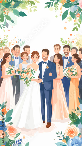 Smiling Wedding Couple and Bridal Party in Elegant Floral Illustration