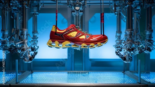 Futuristic Red and Yellow Running Shoe in High-Tech Lab