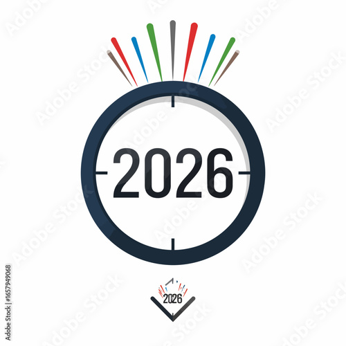 Clock with 2026 Numerals and Festive Fireworks Graphic for New Year Celebration