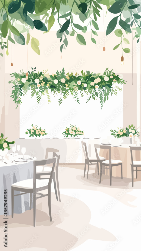 Fototapeta premium Elegant Wedding Reception Decor with Floral Arrangements and Hanging Greenery