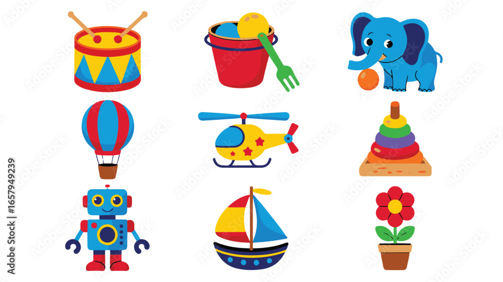 Fototapeta premium Nine colorful cartoon children's toys and objects including a drum a sand bucket an elephant a hot air balloon a helicopter a stacking toy a robot a sailboat and a potted flower