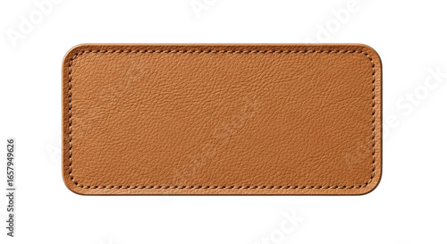 Close-up of stitched light brown leather patch showing detailed texture and craftsmanship in design.