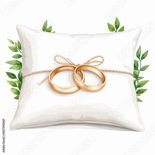 Elegant Gold Wedding Rings on White Pillow with Twine and Leaves
