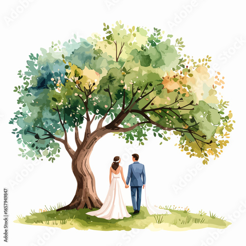 Watercolor Illustration of Bride and Groom Holding Hands, Walking Away Under Lush Green Tree