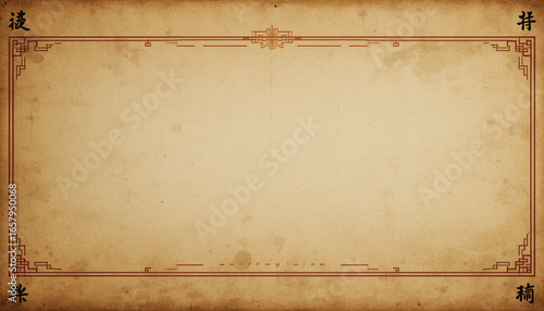 Ornate vintage parchment with decorative border and chinese characters in each corner frame design