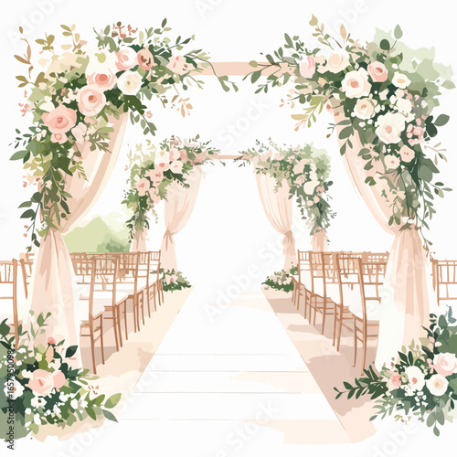 Elegant Watercolor Wedding Ceremony Archway with Floral Decorations and Drapes