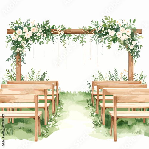 Rustic Wooden Wedding Arbor Adorned with White Roses and Green Foliage