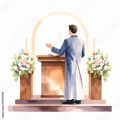 Priest Giving Sermon at Church Altar, Light Blue Vestments