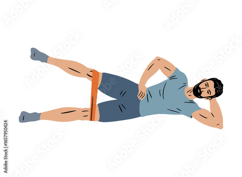 Vector illustration of a man lying on side and doing leg raise exercise with resistance band. Flat style fitness workout isolated on white