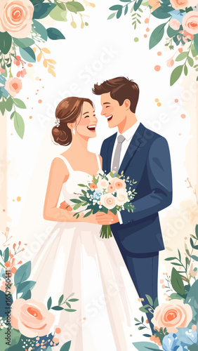 A joyful illustrated bride and groom laughing together, the bride holding a floral bouquet.