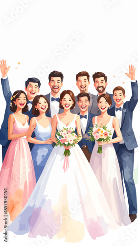 Joyful Wedding Party Poses with Bride and Groom, Celebrating Love