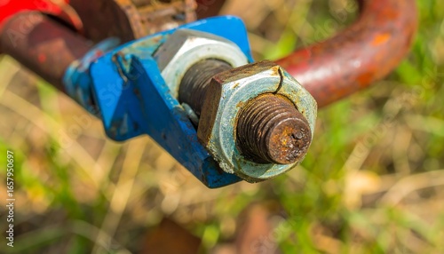 Close-up of a rusty bolt and nut, affixed to a blue metal bracket, with a blurred background of grass.