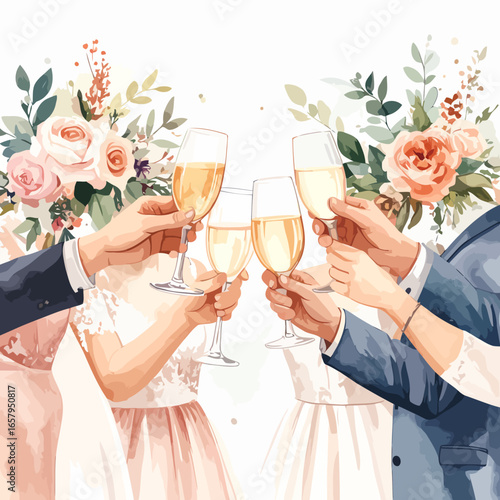 Elegant watercolor illustration of a wedding party toasting with champagne glasses, surrounded by beautiful pastel rose bouquets.