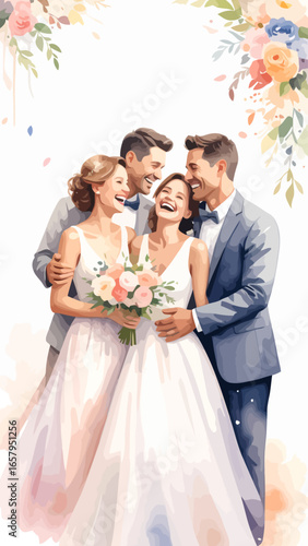 Joyful watercolor illustration of two happy couples celebrating a double wedding, laughing and embracing.