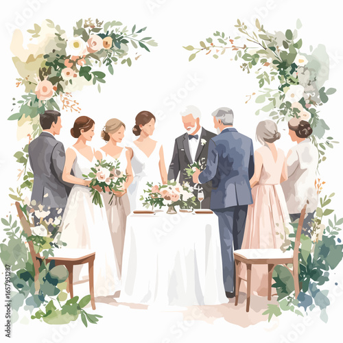 Watercolor Wedding Ceremony: Brides, Grooms, and Guests Gathered Together.
