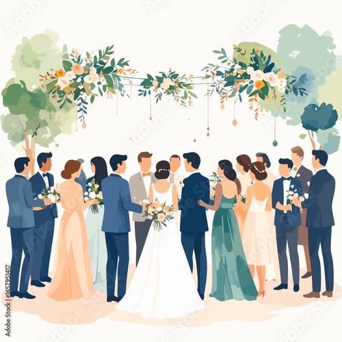 Bride and Groom Surrounded by Wedding Party in Elegant Attire