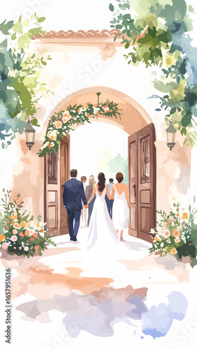 Watercolor Wedding: Bride, Groom, and Party Walking Through Floral Archway