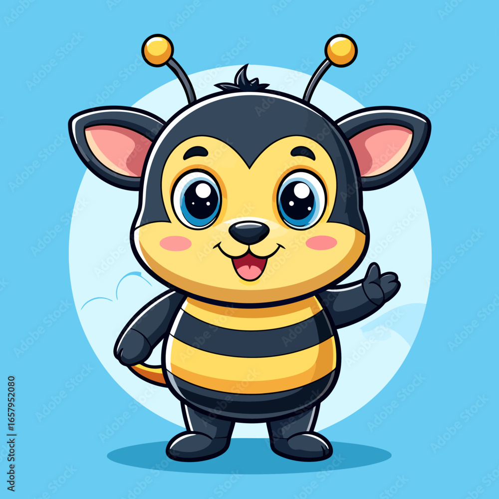 Fototapeta premium Adorable Cartoon Bee-Themed Animal Character with Big Eyes, Smiling, and Waving