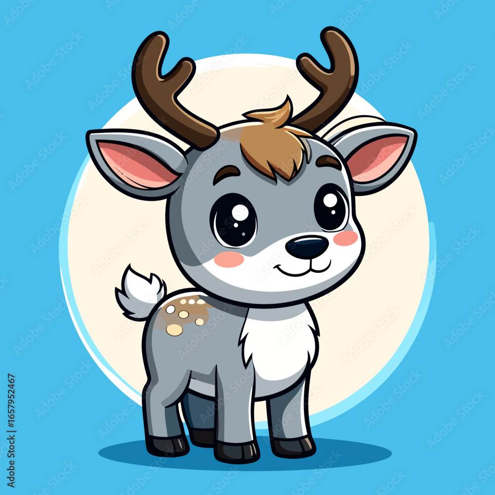 Obraz premium Adorable grey cartoon deer with big shiny eyes, brown antlers, and a sweet smiling face.