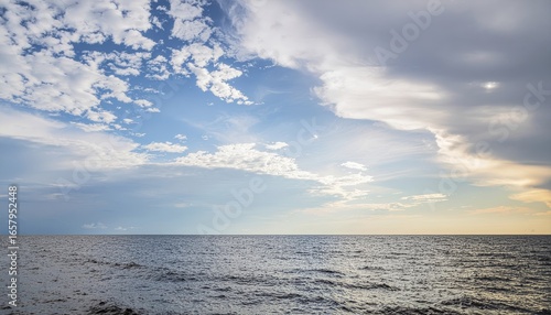 Endless Horizon: Captivating panorama of serene seascape, with a harmonious blend of clouds and ocean under the vast sky, inviting a sense of tranquility and boundless freedom.