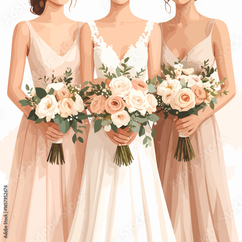 Elegant bride and bridesmaids holding beautiful peach and white rose bouquets, vector illustration