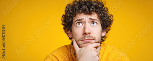 Young man with curly hair pondering against a bright yellow background, showcasing deep contemplation and curiosity