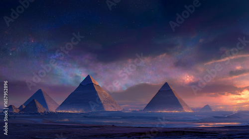 Pyramids shine under the magnificent milky way sky