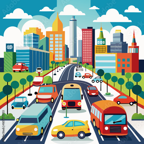 Cartoon cityscape with various vehicles driving on the road in daytime