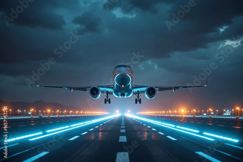 A large, unmarked passenger airplane landing at a modern, futuristic airport at night, with dramatic runway lights and a dark sky.
