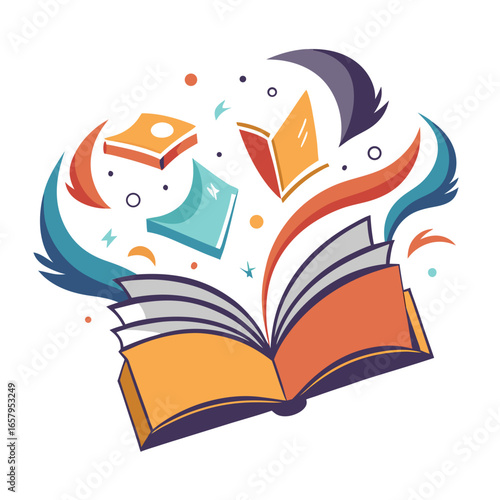 Open book with flying pages in flat design