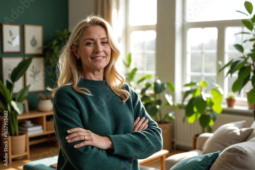 Elegant middle-aged Scandinavian woman with blonde hair standing confidently in a bright, modern, and minimalistic open-space living room.