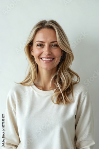 Joyful portrait of a beautiful middle-aged Scandinavian woman with blonde hair, smiling confidently against a plain white studio background.