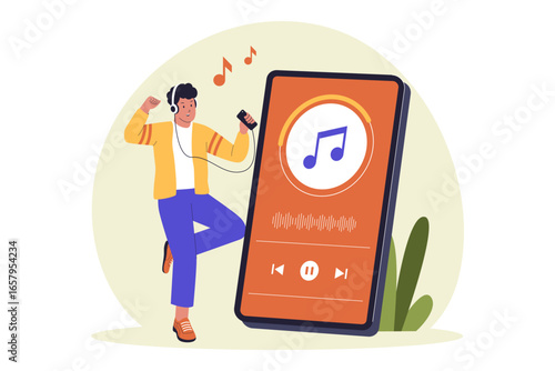 Man Listening to Music Streaming on Smartphone Illustration. Vector Flat Illustration