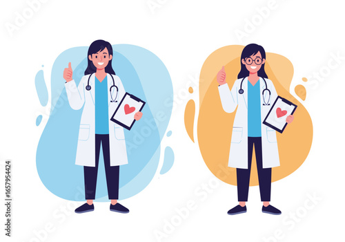 Two female doctors holding clipboard with heart symbol giving thumbs up