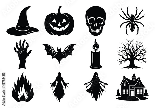 Collection of Halloween Silhouette Icons Pumpkin Spider Skull Ghost Bat Witch Hat