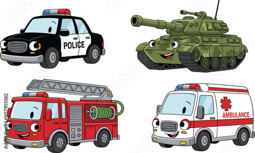 Cartoon emergency vehicles with faces, police car, fire truck, ambulance, tank illustration for kids, cute transport character design