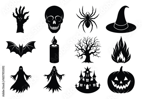 Halloween Silhouette Collection Spooky Icons for Creepy Designs and Festive Decorations