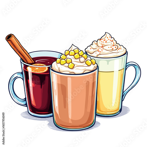 Vsai warm drinks for cold weather including mulled wine, eggnog latte and pumpkin spice latte