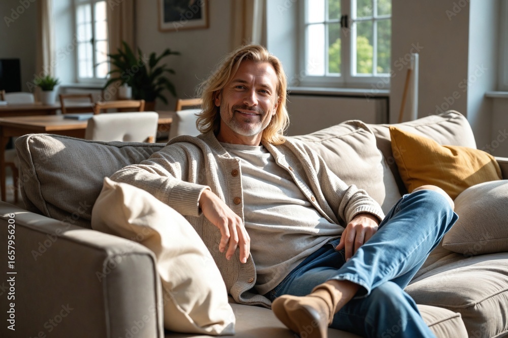 Obraz premium Handsome 40-year-old Scandinavian man epitomizing comfort and style as he relaxes on a deep, inviting sofa in a modern home.