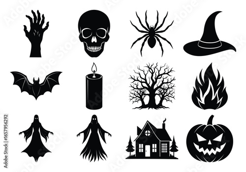 Set of Halloween Silhouette Icons Spooky Symbols for Holiday Designs and Crafts