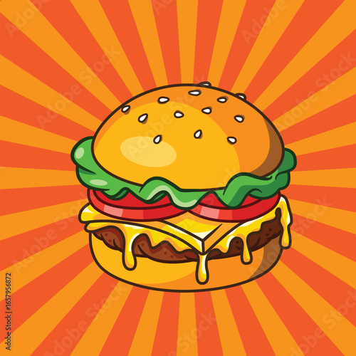 Delicious Cheeseburger Illustration on a Sunburst Orange Background Vintage Poster