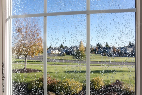 Rainy day view through a window, showing a suburban landscape with trees and houses