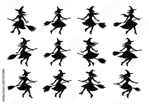 Silhouette Witches Flying on Brooms Pattern for Halloween Decorations and Designs