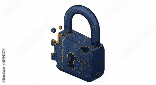 Illustration of a blue padlock with golden puzzle pieces coming apart, symbolizing security and problem-solving