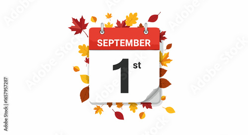 September first calendar date page with colorful falling autumn leaves. Back to school season illustration.